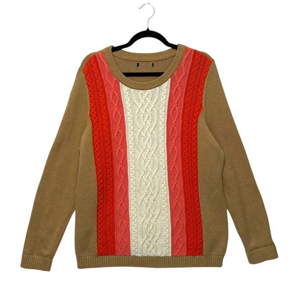 Tommy Hilfiger Cableknit Striped Pullover Sweater Women's Sz M Tan Multi - Picture 2 of 8